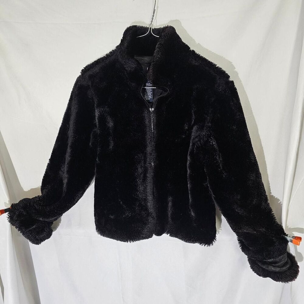 GAP Kids Vintage Y2K Black Faux Fur Full-Zip Stand Collar Jacket Girls 10L